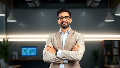 Obraz premium Psychological education. Successful business coach giving personal growth training, posing with crossed arms at office isolated with white highlights, png