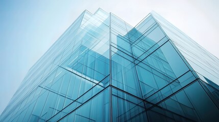Low angle view of modern glass building with clear blue sky.