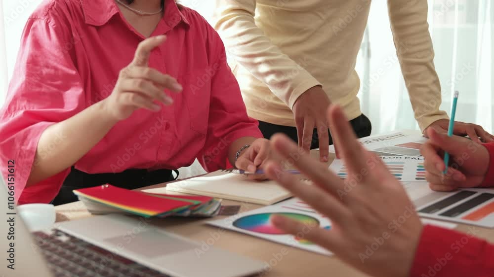 Poster hand closeup of designer team brainstorming and choosing color for graphic design working or client 