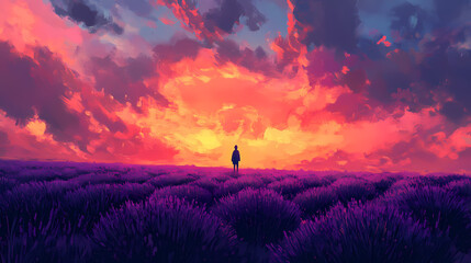Fototapeta premium A solitary figure stands amidst a vibrant field of lavender under a stunning sunset sky, creating a serene atmosphere. Dreamscape. Illustration