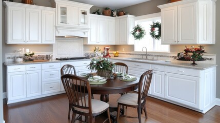 Fototapeta premium A welcoming kitchen features white cabinets, a central dining table, and Christmas decorations creating a festive holiday atmosphere