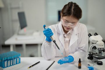 Female scientist wearing lab coat and safety glasses using micropipette to analyze sample in petri dish, with test tubes and microscope in modern laboratory setting, conducting scientific research