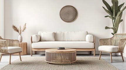 Minimalist living room with a white sofa, rattan chairs, and a round coffee table.