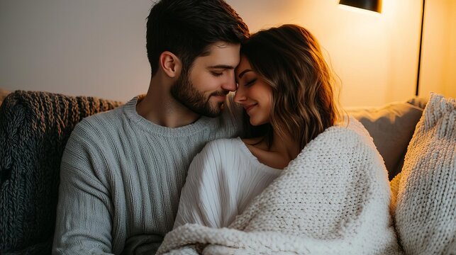 Couple sitting on a cozy couch, sharing a warm blanket, soft glow from a nearby lamp, tender embrace, home warmth, affection, closeness, intimate moment