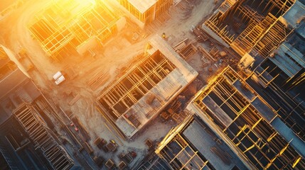 Fototapeta premium Aerial View of Building Construction with Wooden Frames and Concrete Slabs