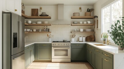 Fototapeta premium Modern Kitchen with Green Cabinets, Stainless Steel Appliances, and Wooden Shelves
