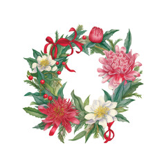 Fototapeta premium Watercolor Christmas Wreath with Red Berries and Flowers