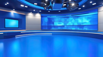 Modern blue and white television studio with a large screen.