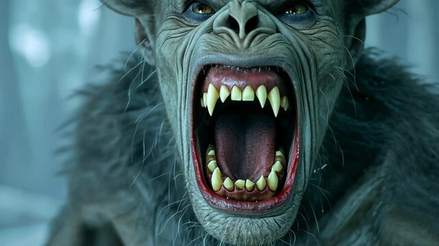 Werewolf With Sharp Teeth in Dark Haunted Forest, Halloween Horror Beast in Eerie Moonlit Night, Scary Monster Creature, Fantasy Artwork Fierce Growling