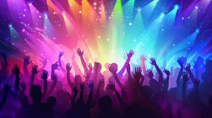 Enthusiastic crowd with raised hands at a live concert under vibrant lights