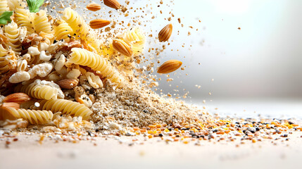 Naklejka premium Pasta, Almonds, and Grains Explosion, macaroni, noodles, fusilli, spiral pasta, nuts