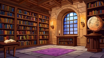 Obraz premium Cozy Library Interior with Bookshelves, Globe, and Moonlight.