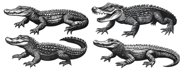 Fototapeta premium An illustration of four alligators in black and white.