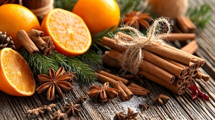 Rustic wooden table with an assortment of holiday spices orange slices cinnamon sticks star anise and pine branches scattered across in a cozy festive arrangement