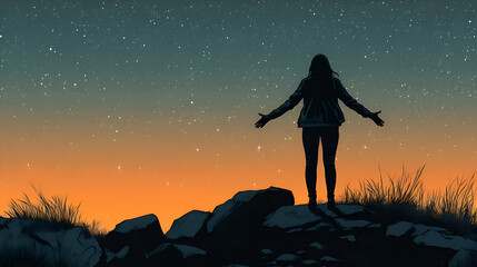 Obraz premium Woman Silhouetted Against a Starry Sky, night sky, stars, sunset, dusk, horizon