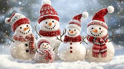 Fototapeta premium A Family of Snowmen in Red and White Winter Hats and Scarves.