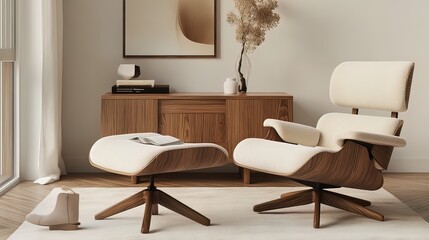 Modern living room interior with an armchair and ottoman.