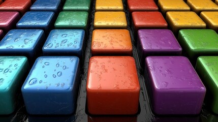 Colorful glossy tiles with water drops.