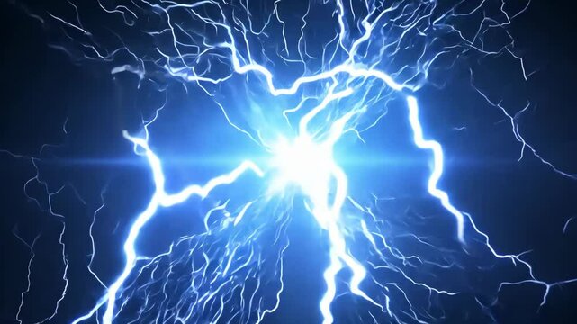 Dynamic display of blue lightning bolts illuminates the night sky above a dark landscape