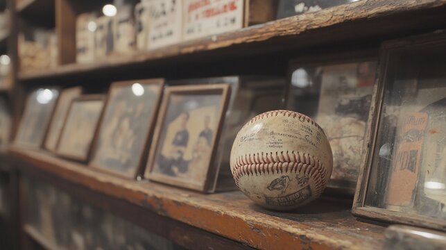 A vintage baseball sits on a shelf amongst framed photos and memorabilia in a rustic, antique shop.