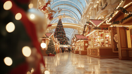Obraz premium A Festive Christmas Mall with Sparkling Lights and a Grand Tree.