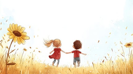 Two children hold hands in a golden field, surrounded by sunflowers, capturing a moment of joy and friendship under a bright sky.