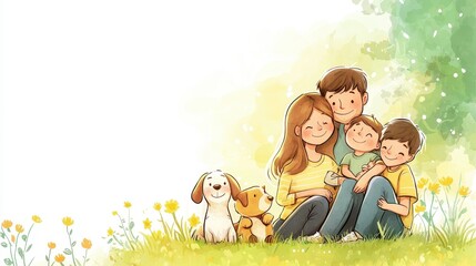 A cheerful illustration of a family of four, embracing each other with two playful dogs amidst a field of flowers.