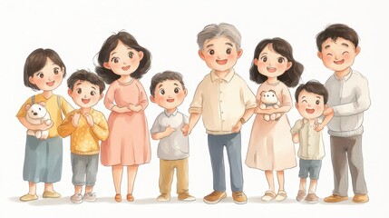 Obraz premium A cheerful illustration of a multi-generational family, with children and adults posing together and holding pets.