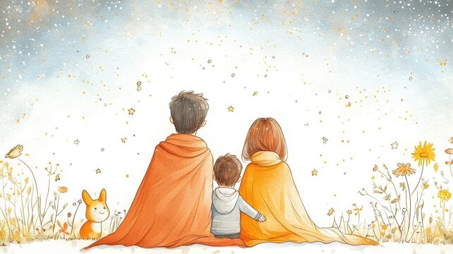 A cozy family scene featuring a mother, father, and child wrapped in blankets, enjoying nature with a fox nearby and flowers surrounding them.