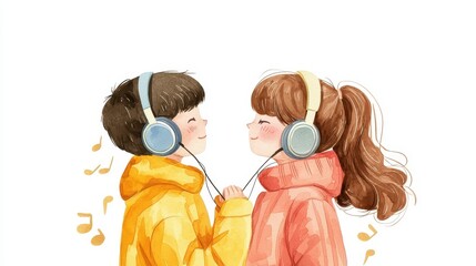 Two children sharing headphones, smiling at each other, immersed in music, surrounded by musical notes, conveying a sense of joy and connection.