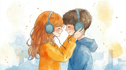 A joyful illustration of two young people sharing headphones, enjoying music together in a colorful, soft watercolor style.