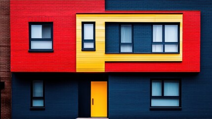 Fototapeta premium Colorful modern apartment building with a yellow door.
