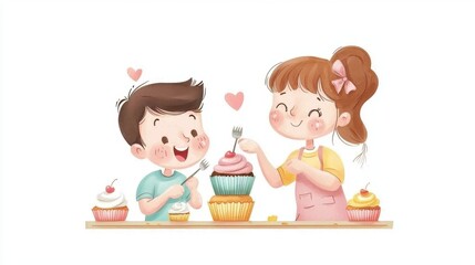 Two children happily decorating cupcakes together, surrounded by colorful treats and hearts, capturing a joyful baking moment.