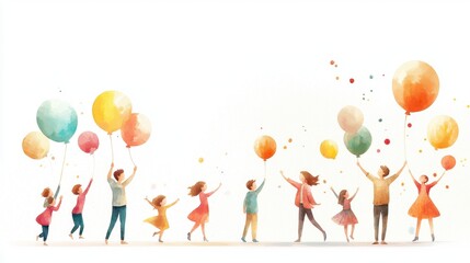 A joyful scene of children and adults celebrating together while holding colorful balloons, capturing a sense of happiness and togetherness.