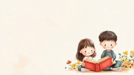Two children are happily reading a book together, surrounded by colorful flowers, evoking a sense of creativity and imagination.