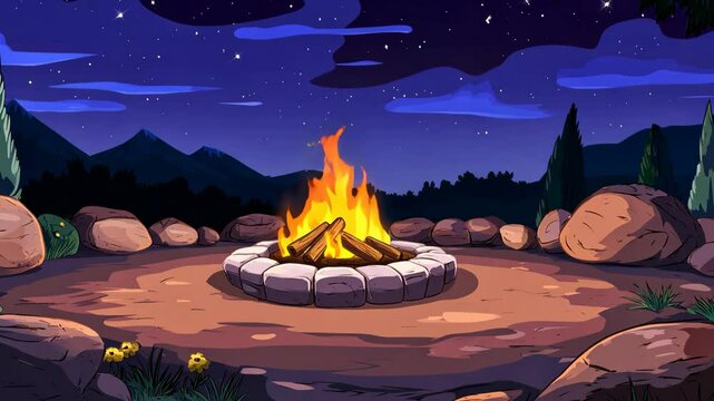 A campfire burns brightly under a starry sky, surrounded by rocks in a clearing in the mountains