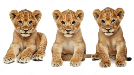 Three Cute Lion Cubs Sitting Together on a Transparent Background Generative AI