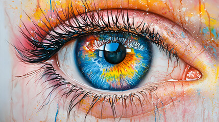 Colorful Eye Painting, art, blue, close-up, macro, detail