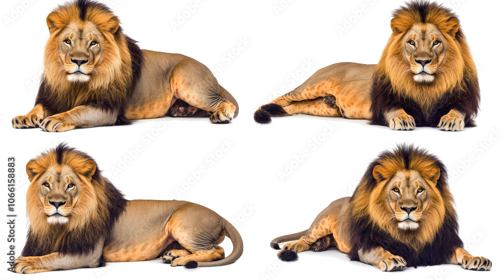 Poster set of four lions in various relaxed poses on a transparent background generative ai