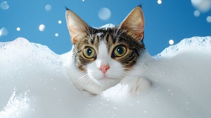 A cute cat kitten in bath with soap foam on glossy white blue refreshing fashion background. adorable pet portrait shampoo pet grooming salon spa wallpaper 