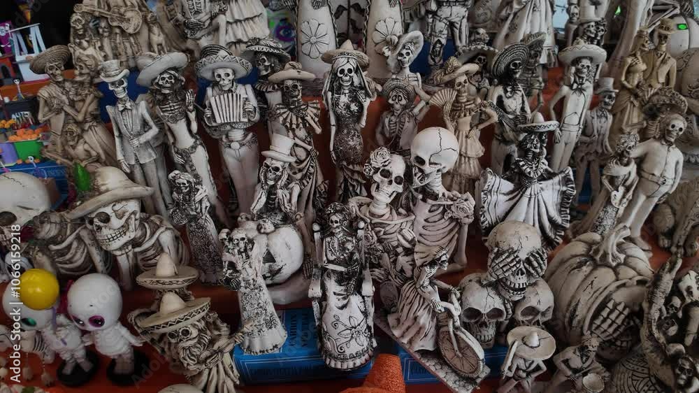 Poster a large collection of white skulls and skeletons are displayed on a table