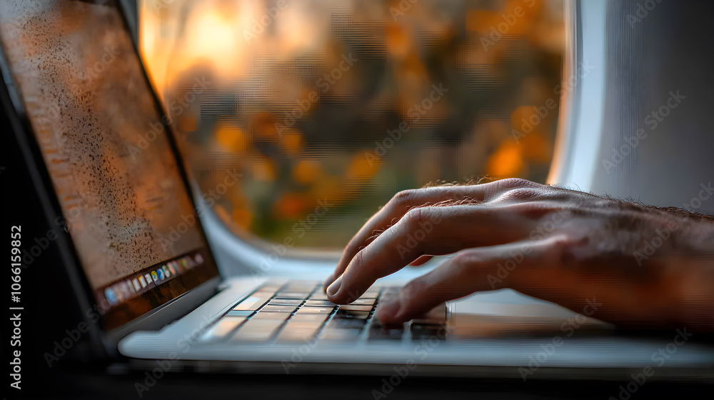 Poster a person is typing on a laptop computer with a view of the outside