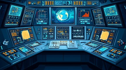 Obraz premium Futuristic Control Room with Multiple Monitors and Screens.
