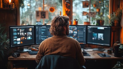 Obraz premium Man sits at a desk with three monitors in front of him, working from home.