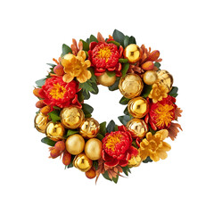 Festive Golden and Red Wreath with Flowers and Ornaments