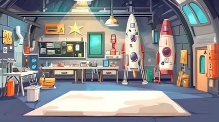 Inside a Space Station Workshop with Rockets and Tools.