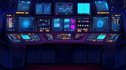 Obraz premium Futuristic Control Room with Multiple Monitors and Consoles.