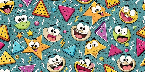 Fototapeta premium Colorful cartoon geometric shapes with smiley faces on blue background