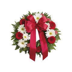 Funeral Wreath with Red Ribbon and White and Red Flowers