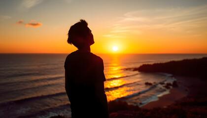 wellbeing concept, silhouette of person enjoying beautiful sunset with view of ocean isolated with white highlights, png